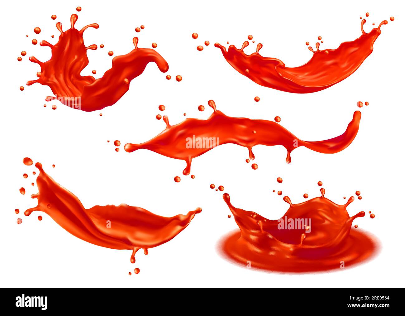 Tomato ketchup sauce splashes or red liquid tomato juice, vector