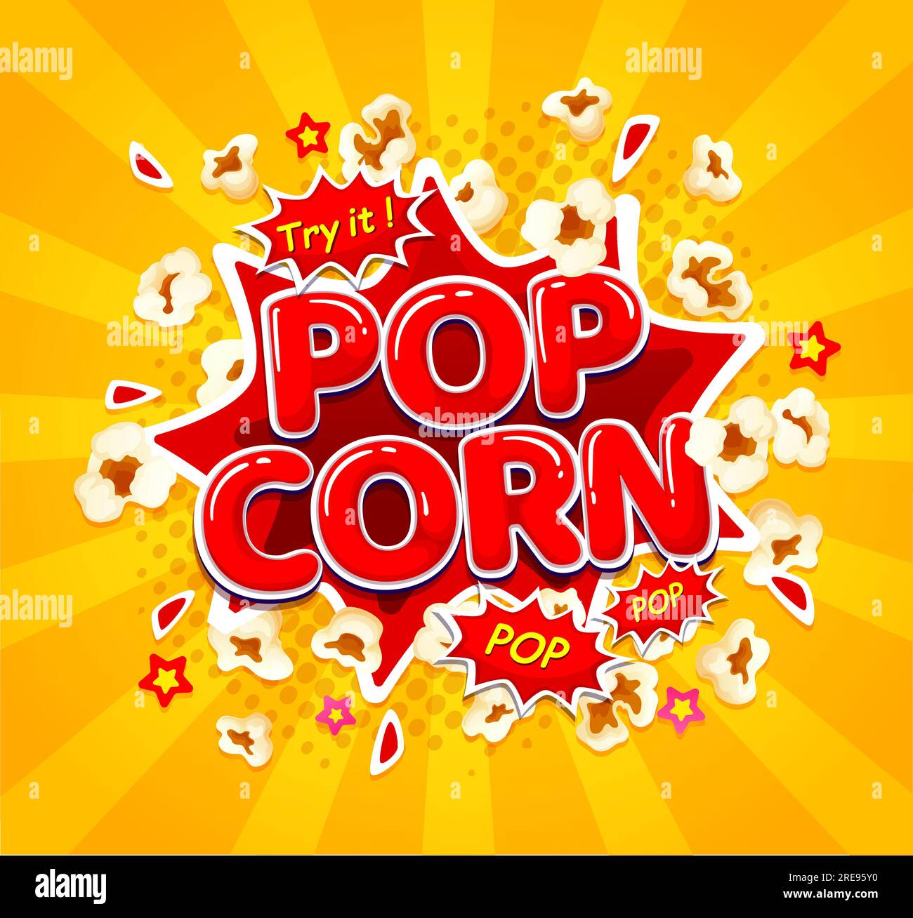 Cartoon movie pop corn burst. Popcorn snack explosion. Vector pop art promotional poster with explode on yellow half tone background with bright stars and rays. Meal ads for watching cinema film Stock Vector