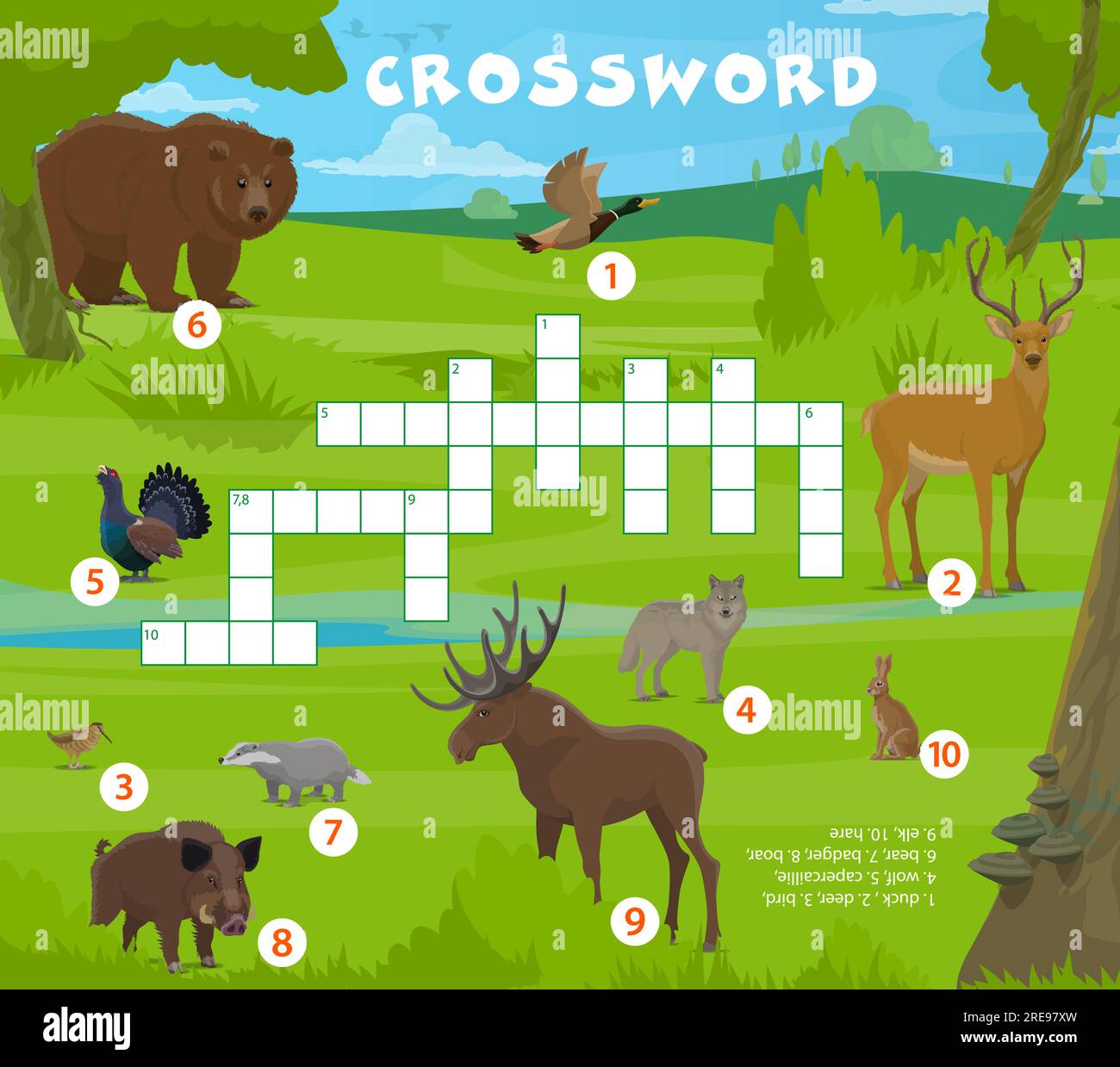 Crossword quiz game. Forest hunting animals and birds. Crossword quiz, word search riddle vector worksheet or vocabulary playing activity with bear, duck, capercaillie, deer and wolf, hare animals Stock Vector