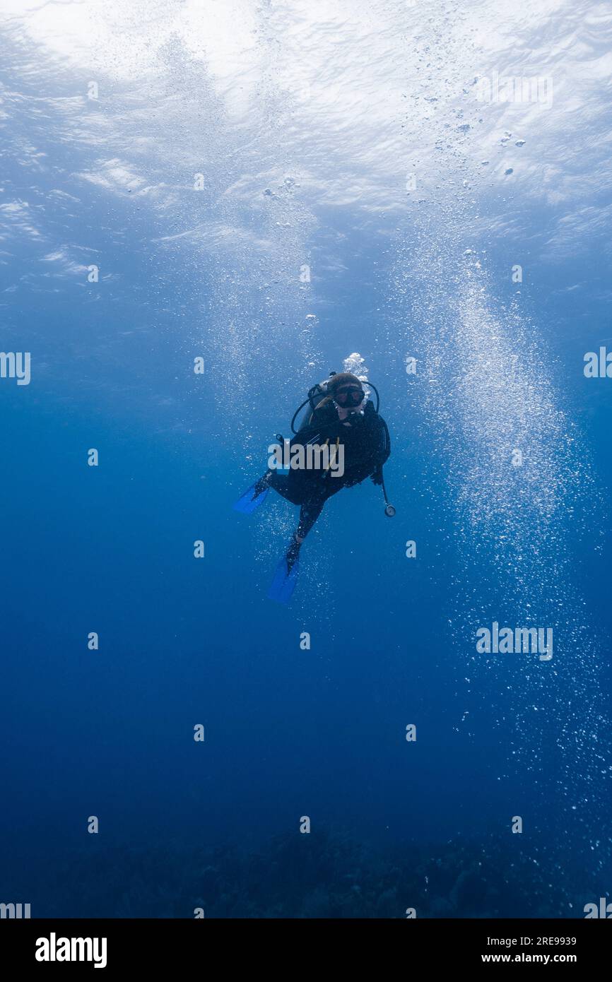 Full body of scuba diver swimming underwater with bubbles while