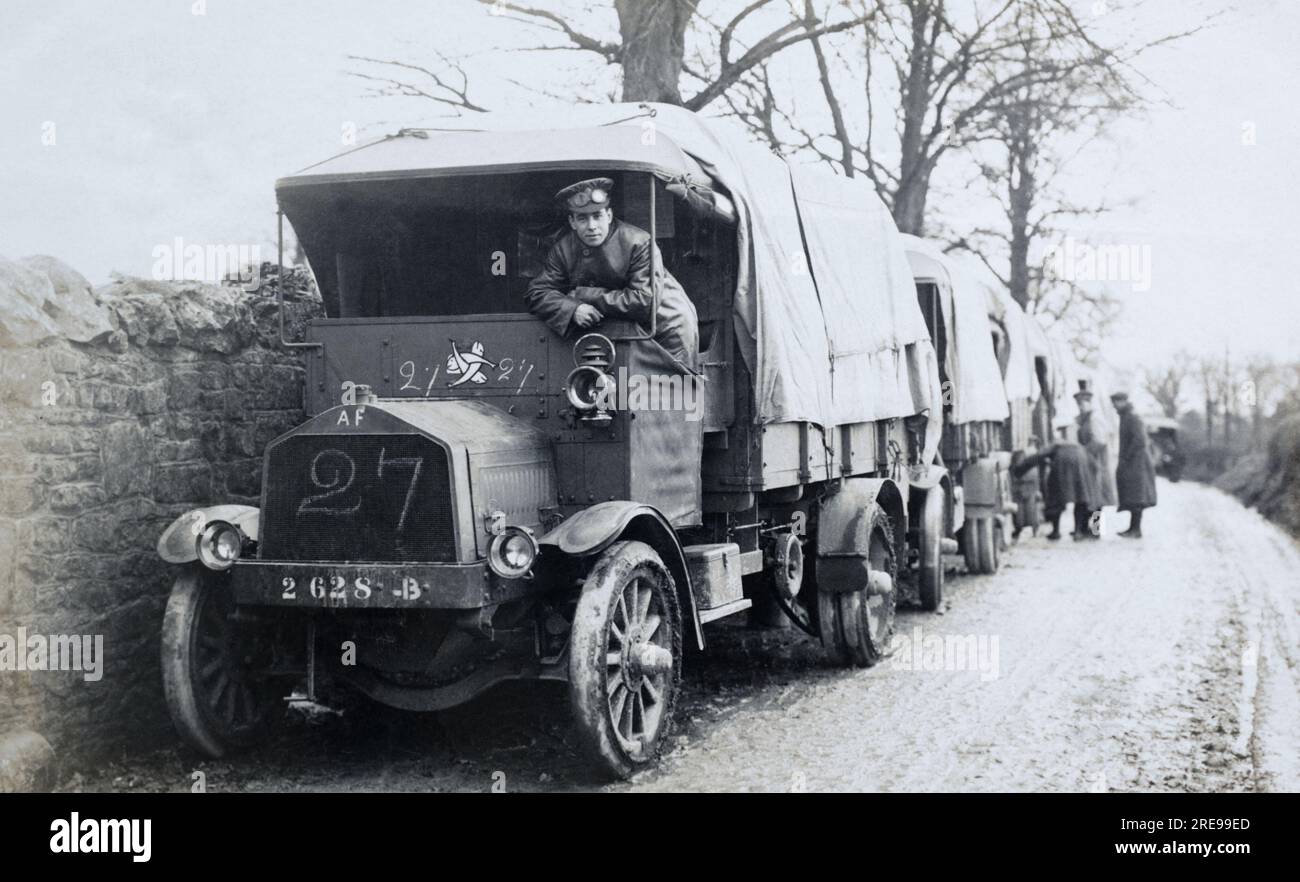 British army trucks and driver of the Army Service Corps in 1915, during the First World War. Stock Photo
