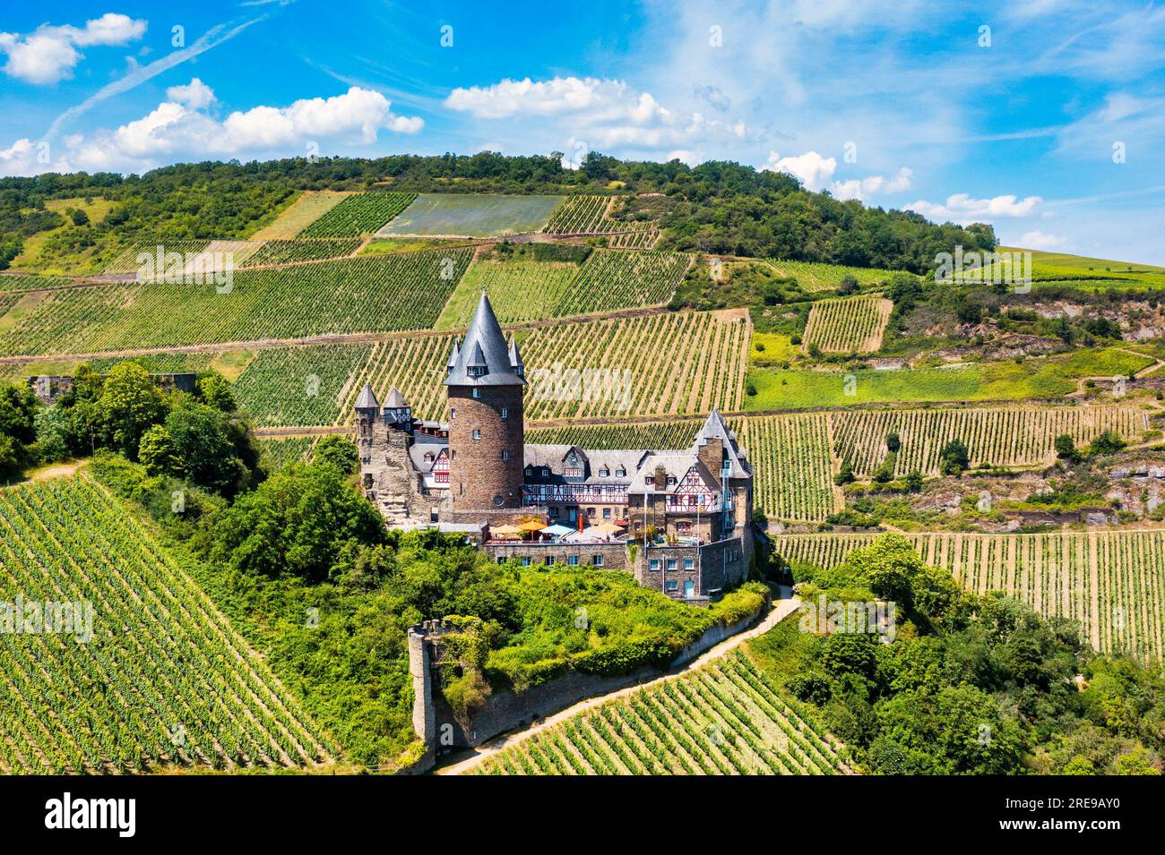 Bacharach panoramic view. Bacharach is a small town in Rhine valley in Rhineland-Palatinate, Germany. Bacharach on Rhein town, Rhine river, Germany. Stock Photo