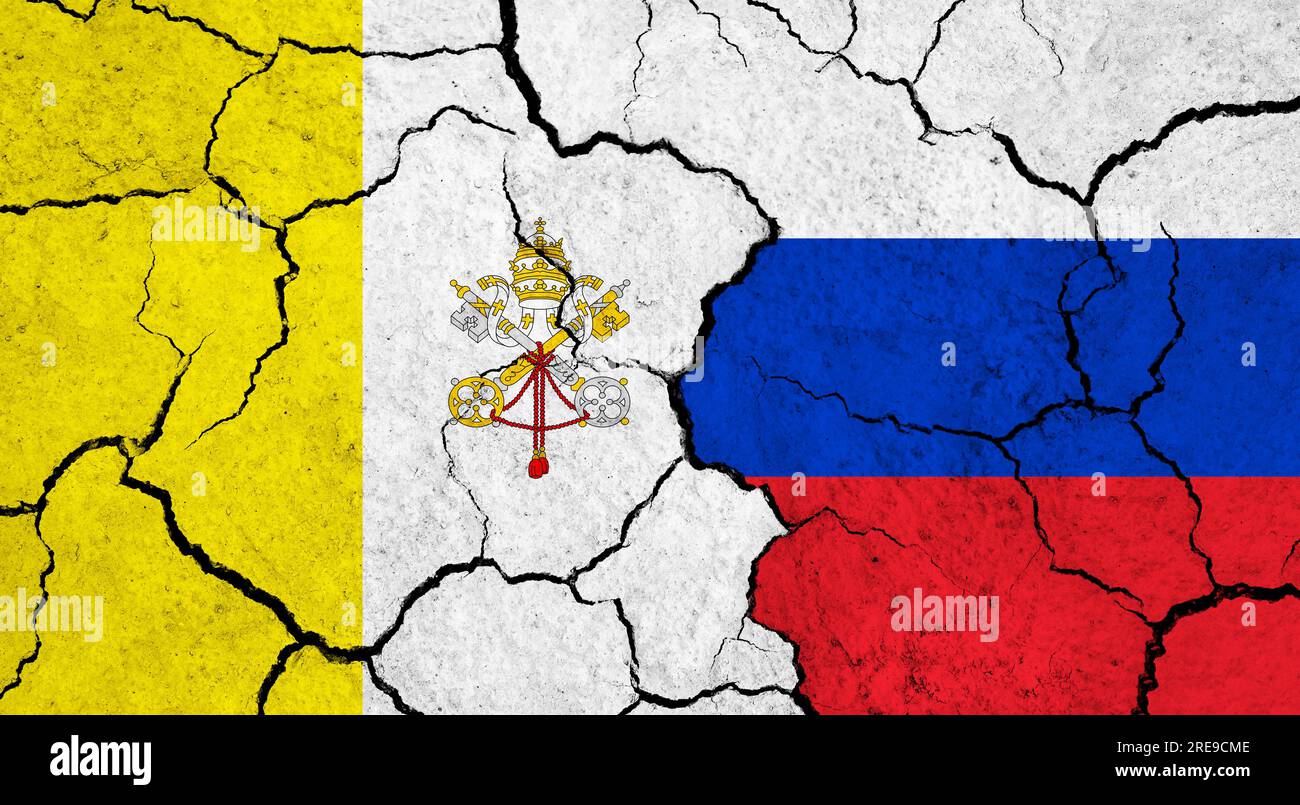 Flags of Vatican City and Russia on cracked surface - politics