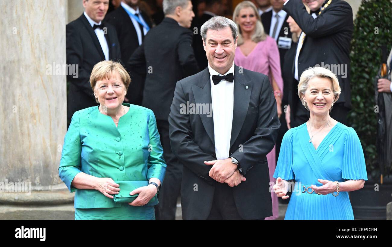 From left: Angela Merkel, Markus SOEDER (Prime Minister of Bavaria and CSU Chairman), Ursula von der Leyen at the opening of the Richard Wagner Festival 2023 with the premiere of Richard Wagner's Parsifal in the Bayreuth Festspielhaus. Bayreuth, July 25, 2023 Photo; Bavarian State Chancellery via Stock Photo