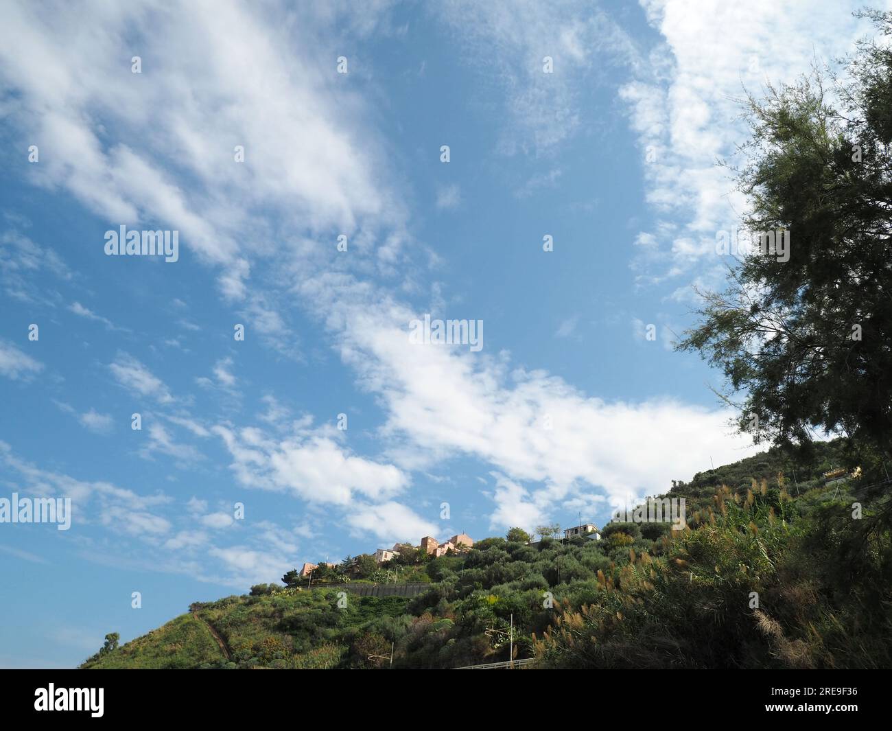 Skyline view of the village of Sant'Ambrogio, taken from the beach below. Stock Photo
