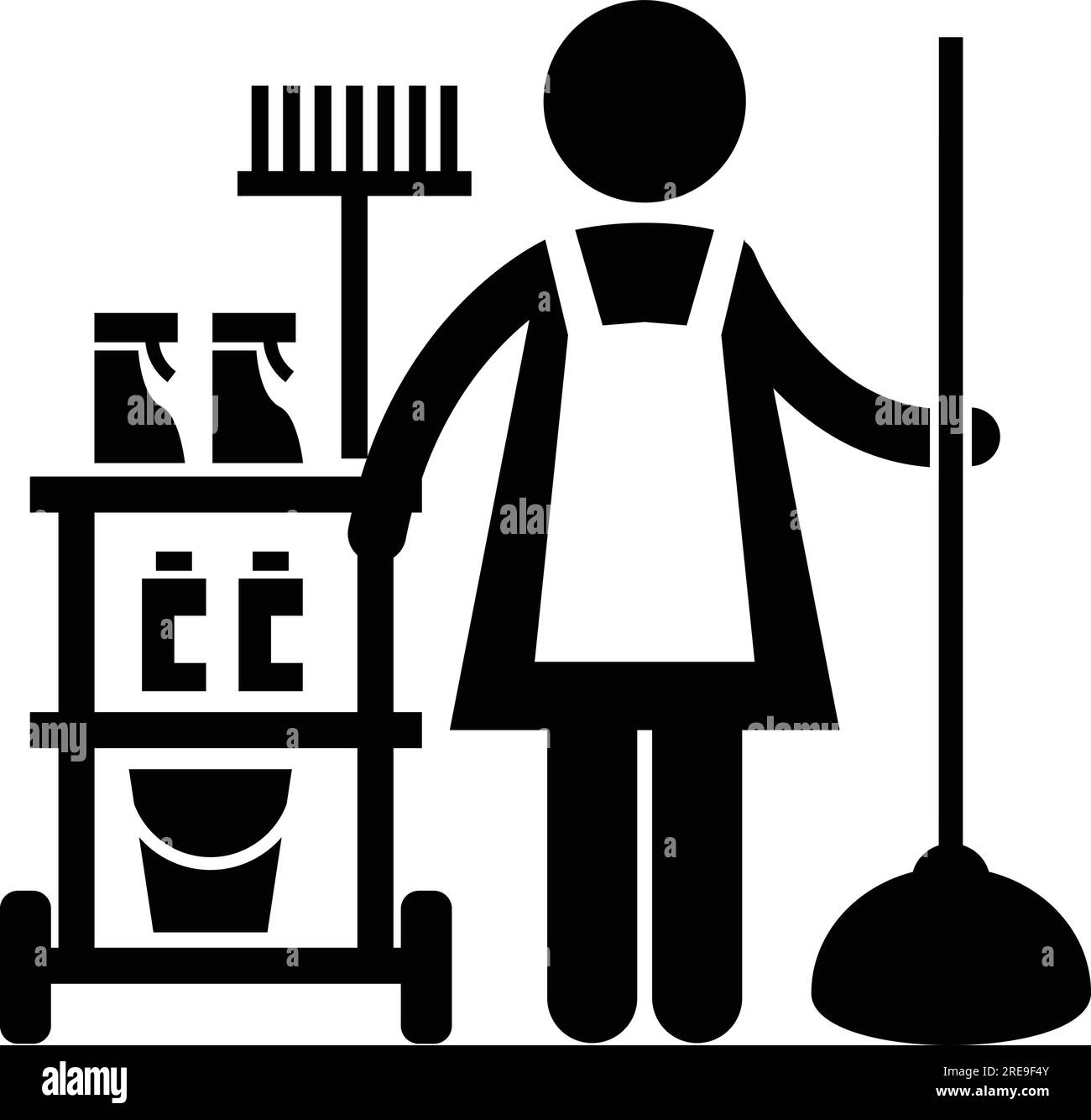 a black and white silhouette of a woman with a broom and a mop Stock