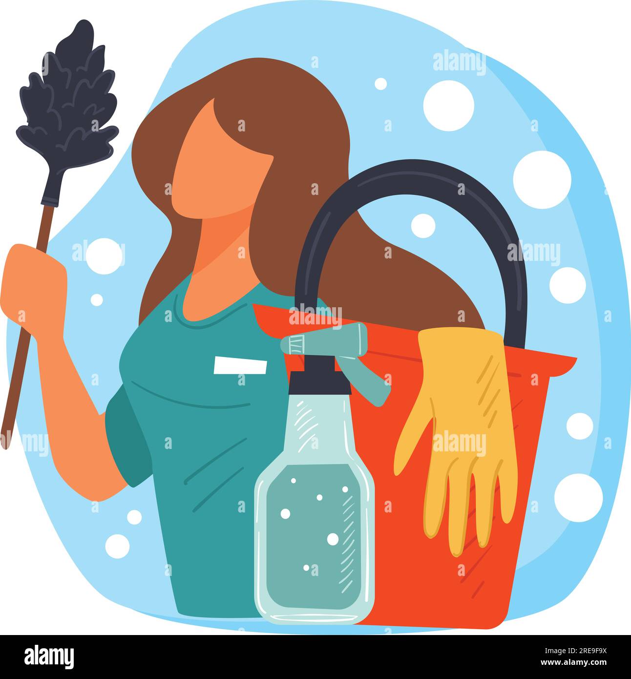 a woman in a green shirt holding a cleaning brush and a bottle Stock Vector
