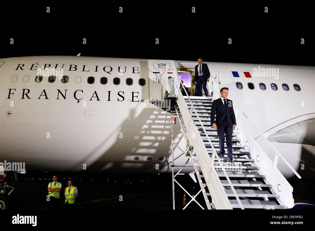 Paris, Vanuatu. 26th July, 2023. French president Emmanuel Macron deplanes upon arriving on the first day of his official visit in Vanuatu at the international airport in Port Vila on July 26, 2023.Photo by Ludovic Marin/Pool/ABACAPRESS.COM Credit: Abaca Press/Alamy Live News Stock Photo