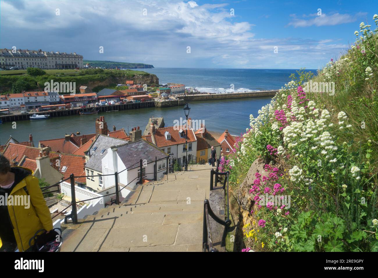 Whitby, looking down famous 199  'steps' to town  on Tate Hill, near Church of St  Mary on the hill,  North Yorkshire coast , England, UK. Stock Photo