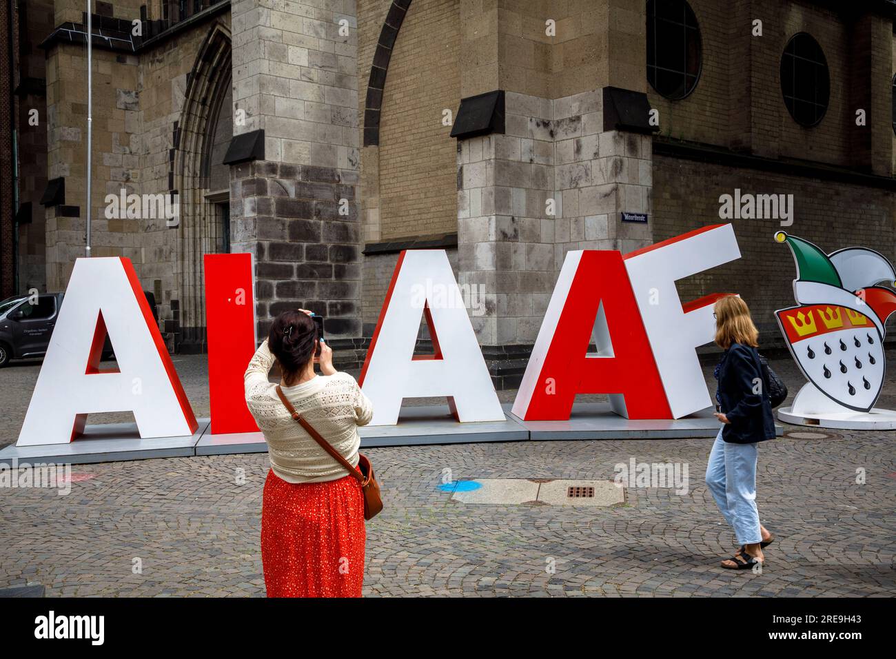 two-meter-high Alaaf lettering stands on Kolping square in front of the Minorite Church in the city center, gift from the Festkomitee Koelner Karneval Stock Photo