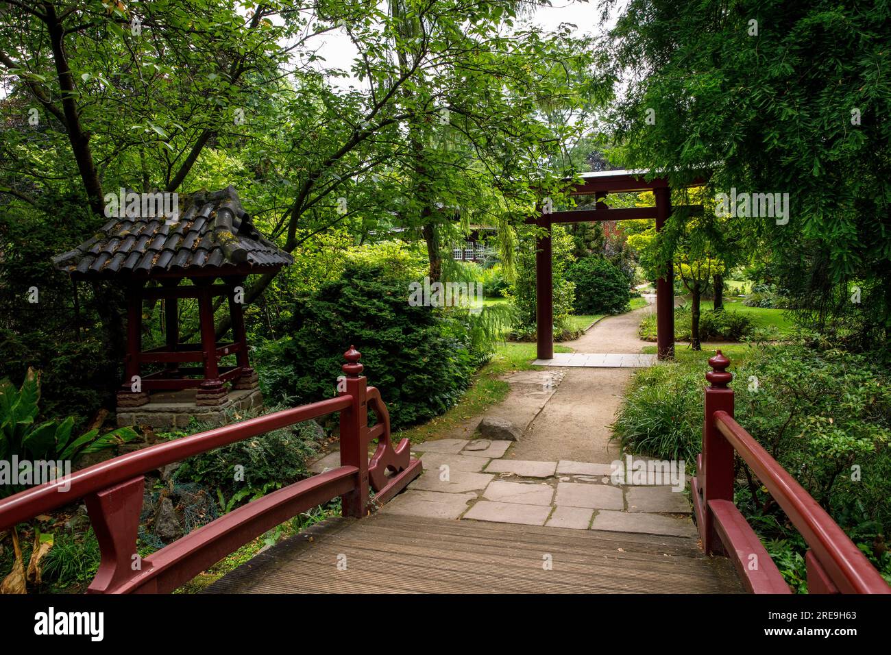 torii gate at the Japanese garden in Leverkusen, North Rhine-Westphalia ...