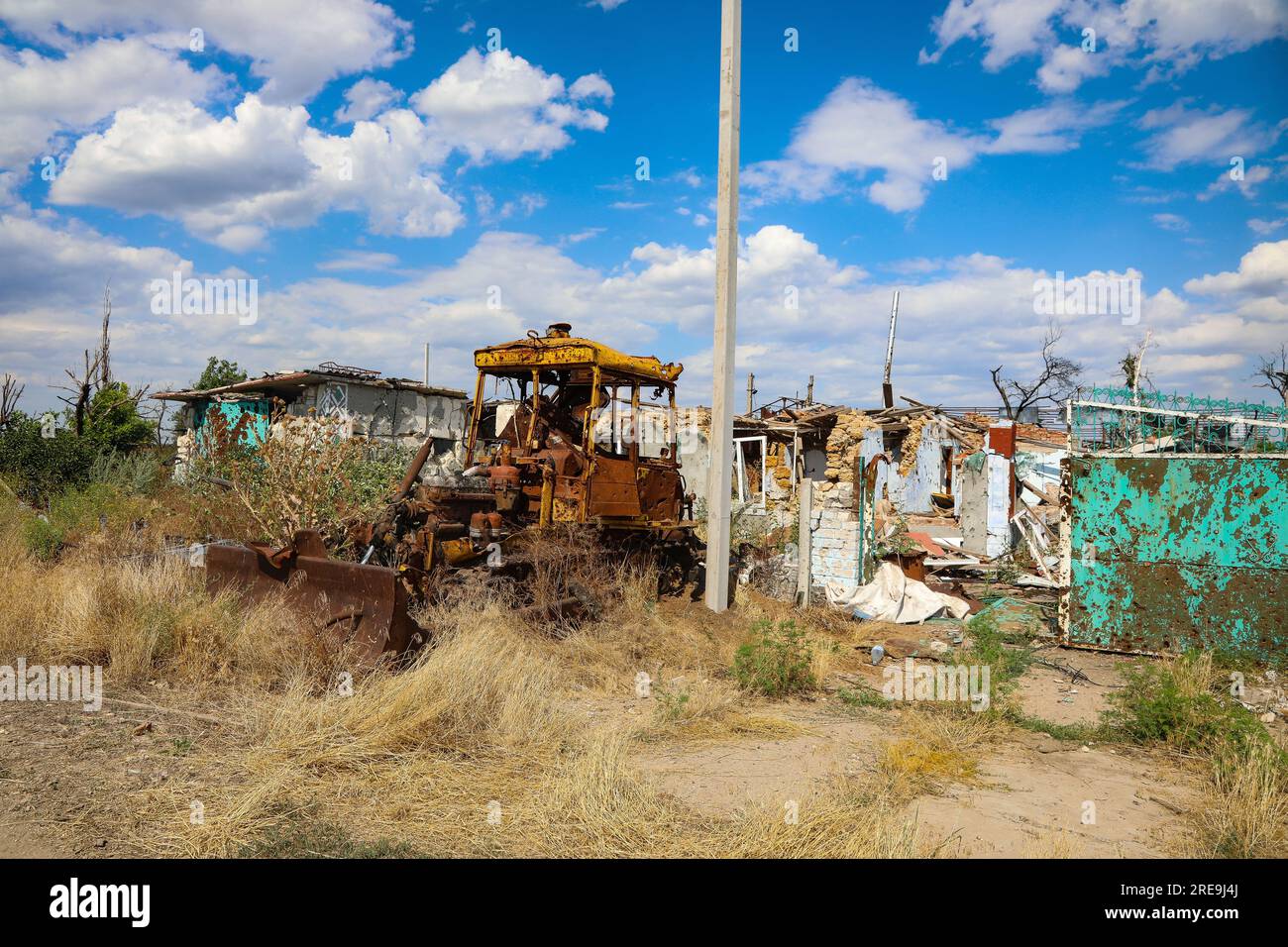 BLAHODATNE, UKRAINE JULY 19, 2023 A rusty bulldozer is seen in