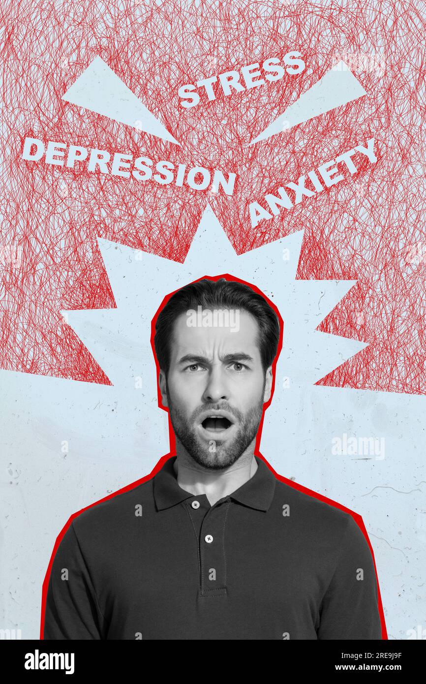 Vertical collage picture of impressed black white colors guy open mouth