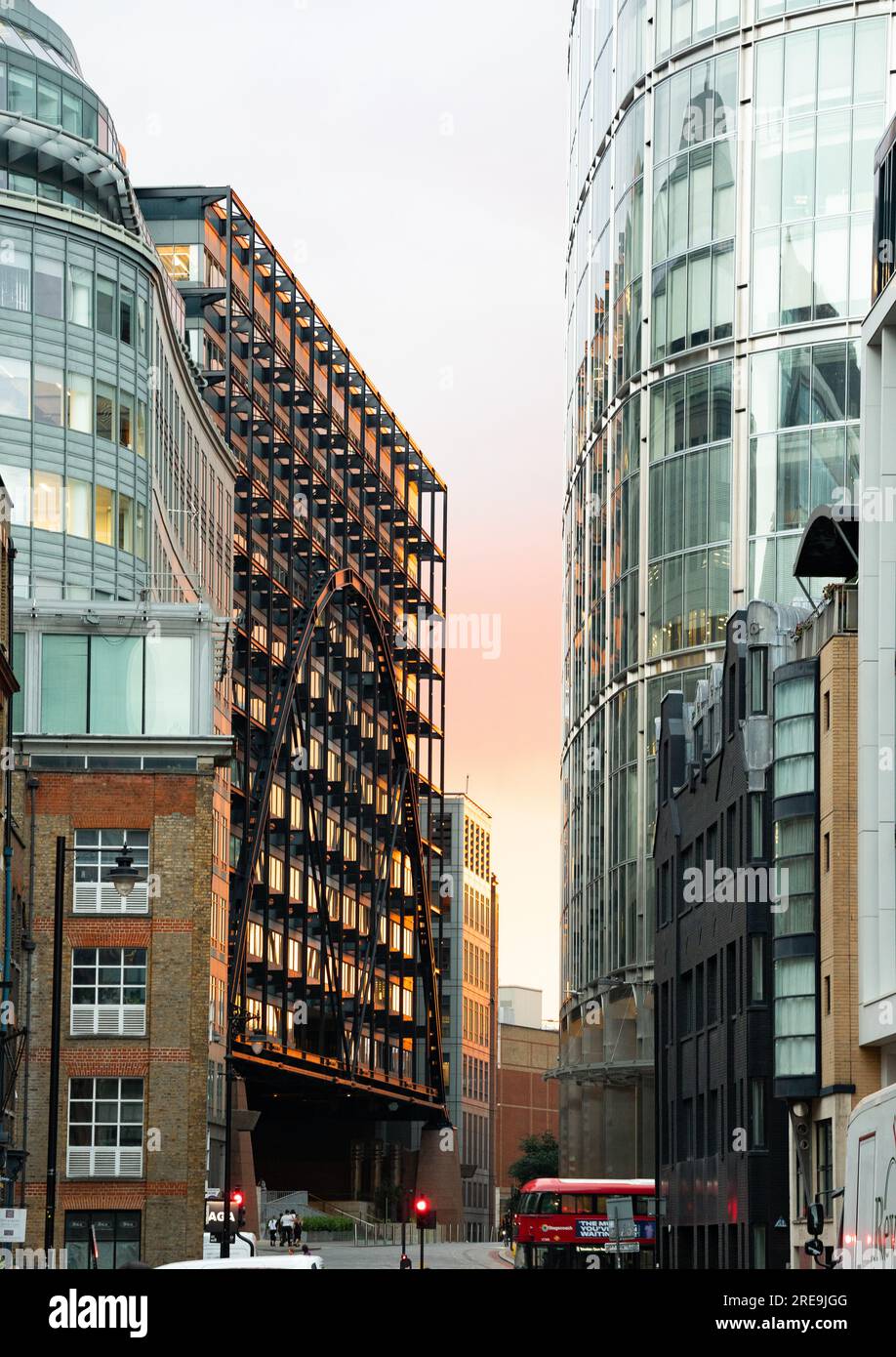 Sunset reflected on buildings in East London, England. Stock Photo