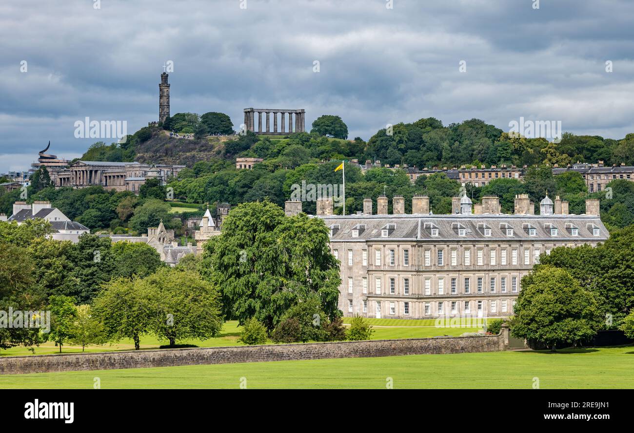 View of Holyrood Palace and monuments on Calton Hill, Edinburgh, Scotland, UK Stock Photo