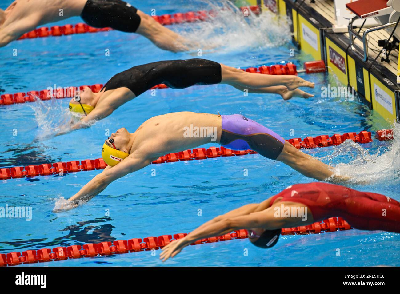 Fukuoka, Japan. 26th July, 2023. Xu Jiayu (2nd R) of Team China jumps