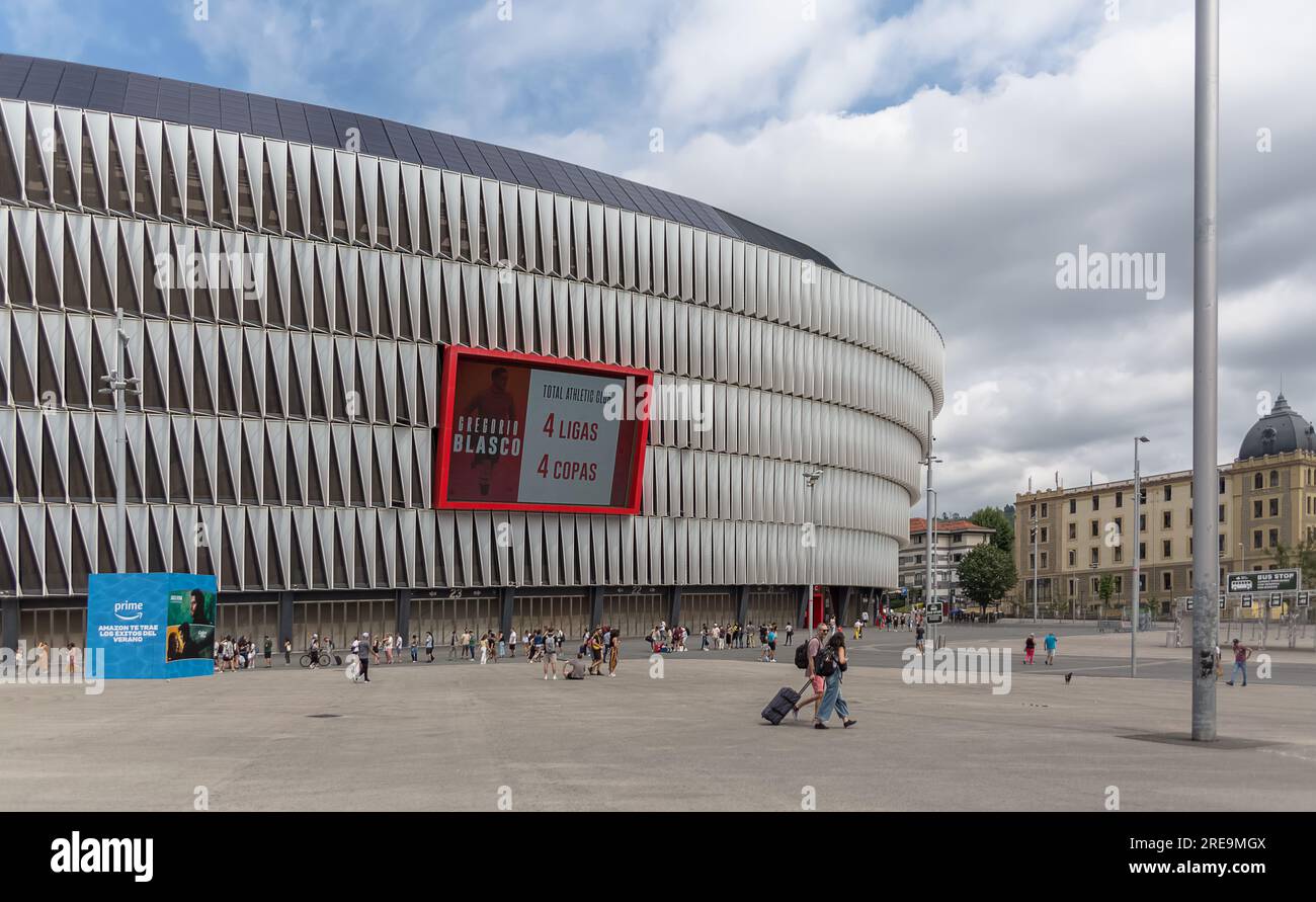 Bilbao Spain - 07 05 2021: Exterior view at the San Mamés soccer stadium, the iconic Athletic Club Bilbao stadium, modern piece of architecture on Bil Stock Photo