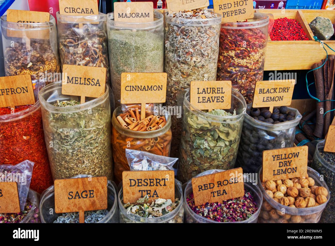 Look on a market stall with many different oriental spices products Stock Photo