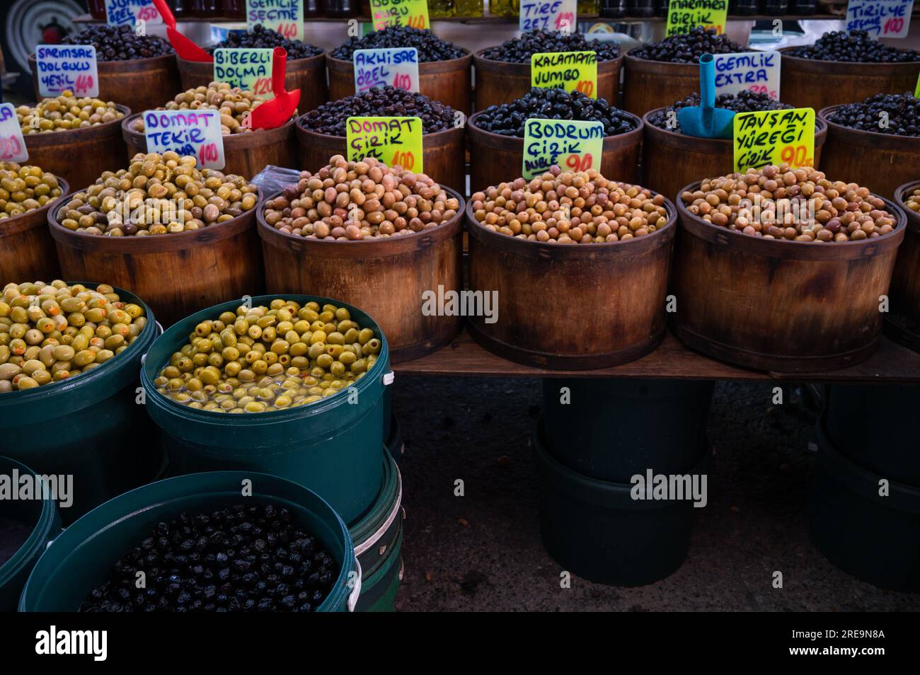 Different olives sale in the traditional farm Turkish market, a counter