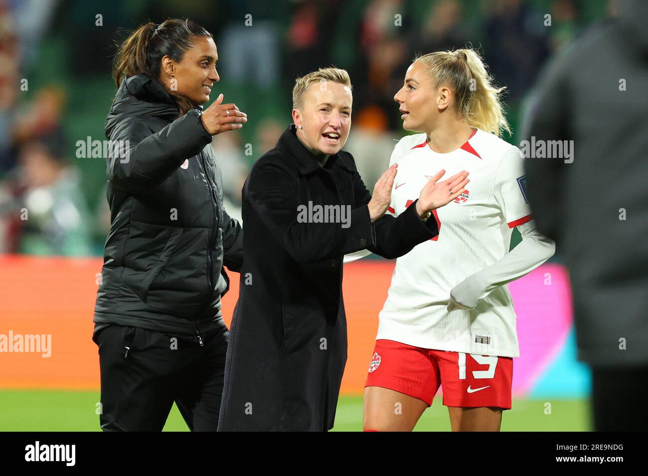 Perth, Australia. 26th July, 2023. Canada coach Bev Priestman (centre ...