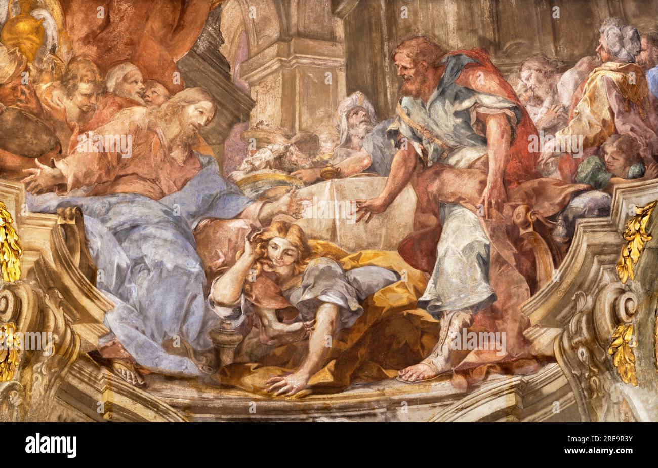 GENOVA, ITALY - MARCH 5, 2023: The fresco Mary Magdalen washes Feet of Jesus with Tears  in the church Chiesa di Santa Maria Maddalena Stock Photo