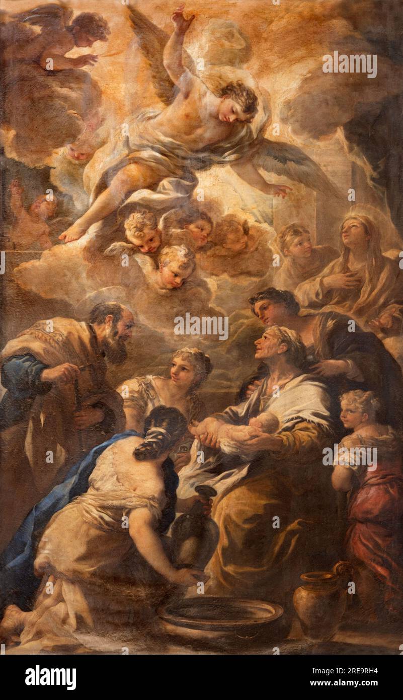 NAPLES, ITALY - APRIL 18, 2023: The painting of Nativity of Virgin Mary in the church Chiesa dei Santi Apostoli by Luca Giordano (1692). Stock Photo