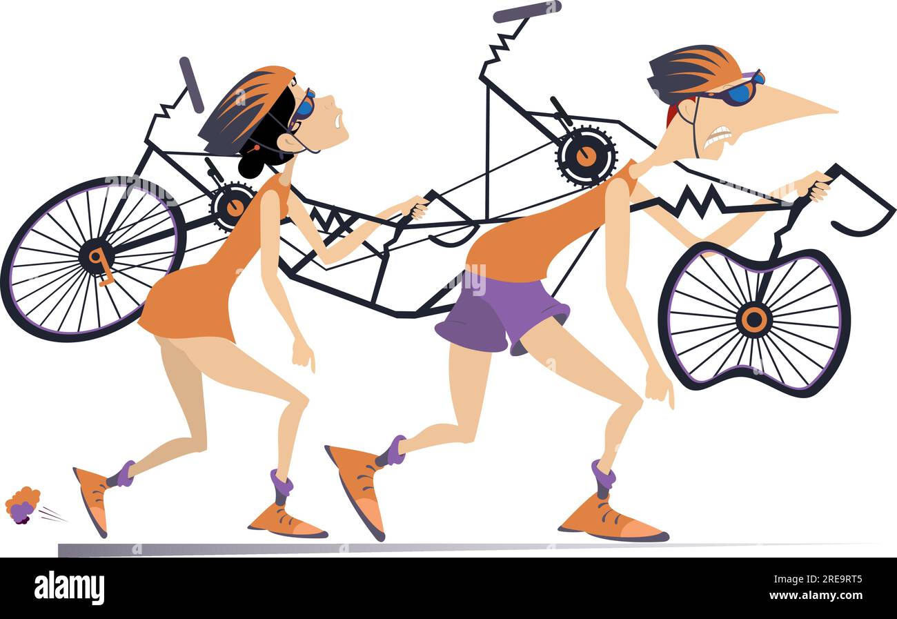 Tired cyclists man and woman carrying a broken tandem bike. Tired