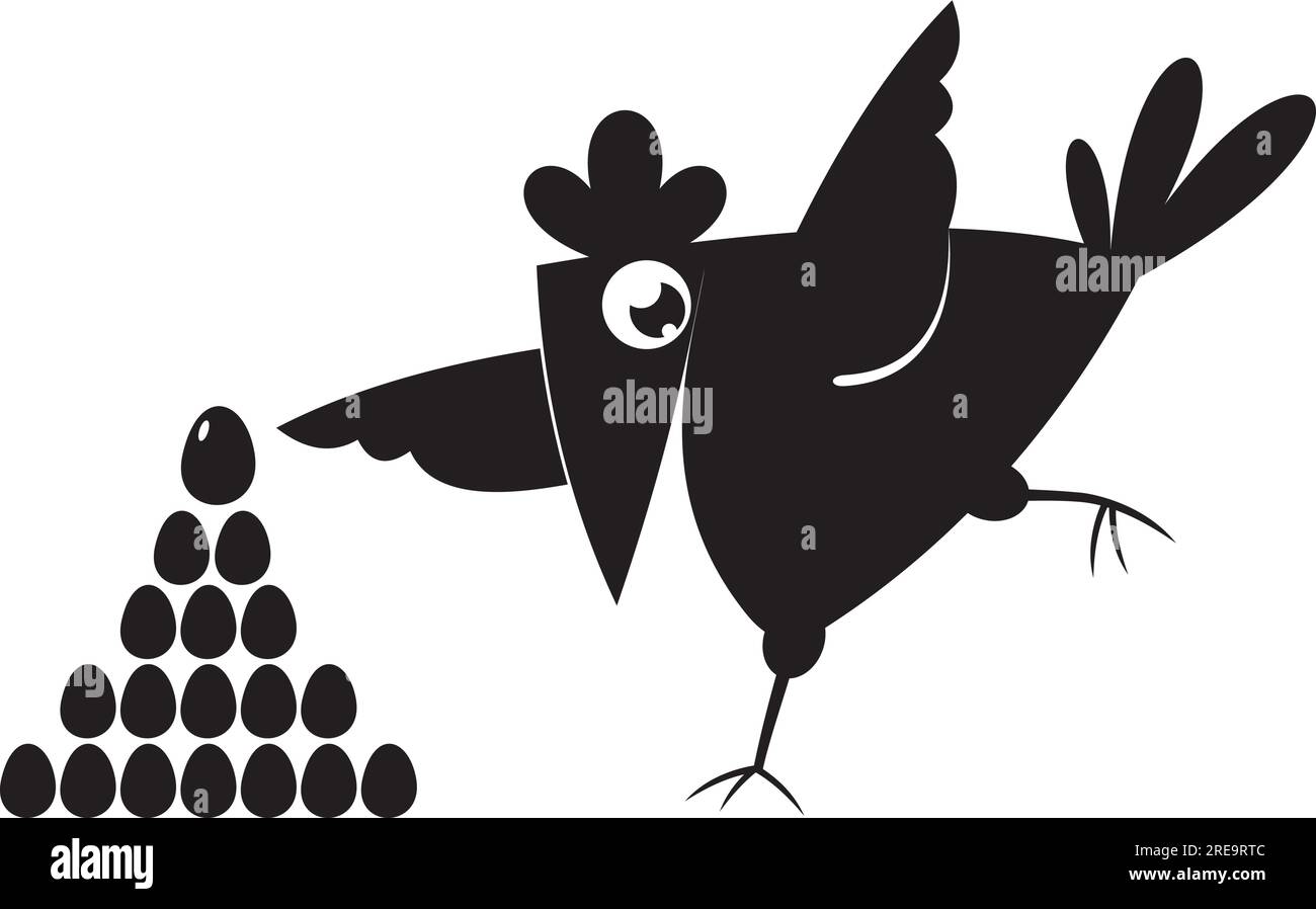 Cartoon hen and eggs illustration.  Cute hen and a lot of eggs. Сhicken lays eggs. Black and white illustration Stock Vector