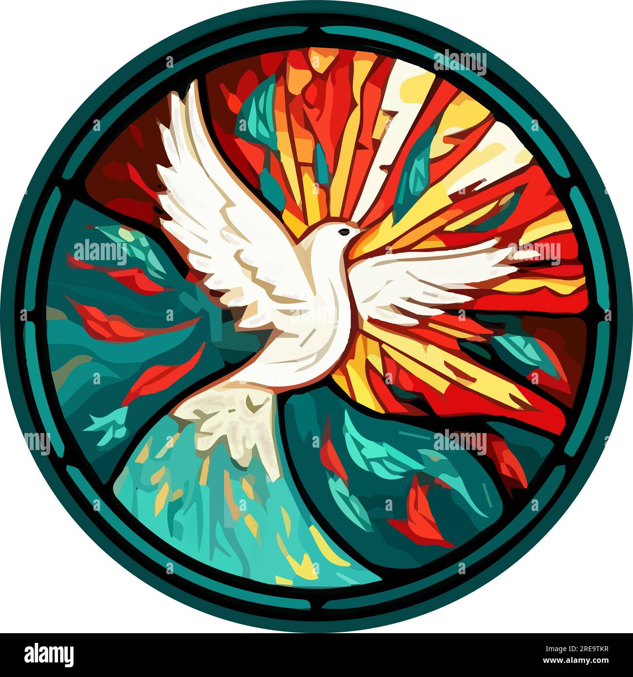 Round Stained glass window of a dove, pentecost Stock Vector