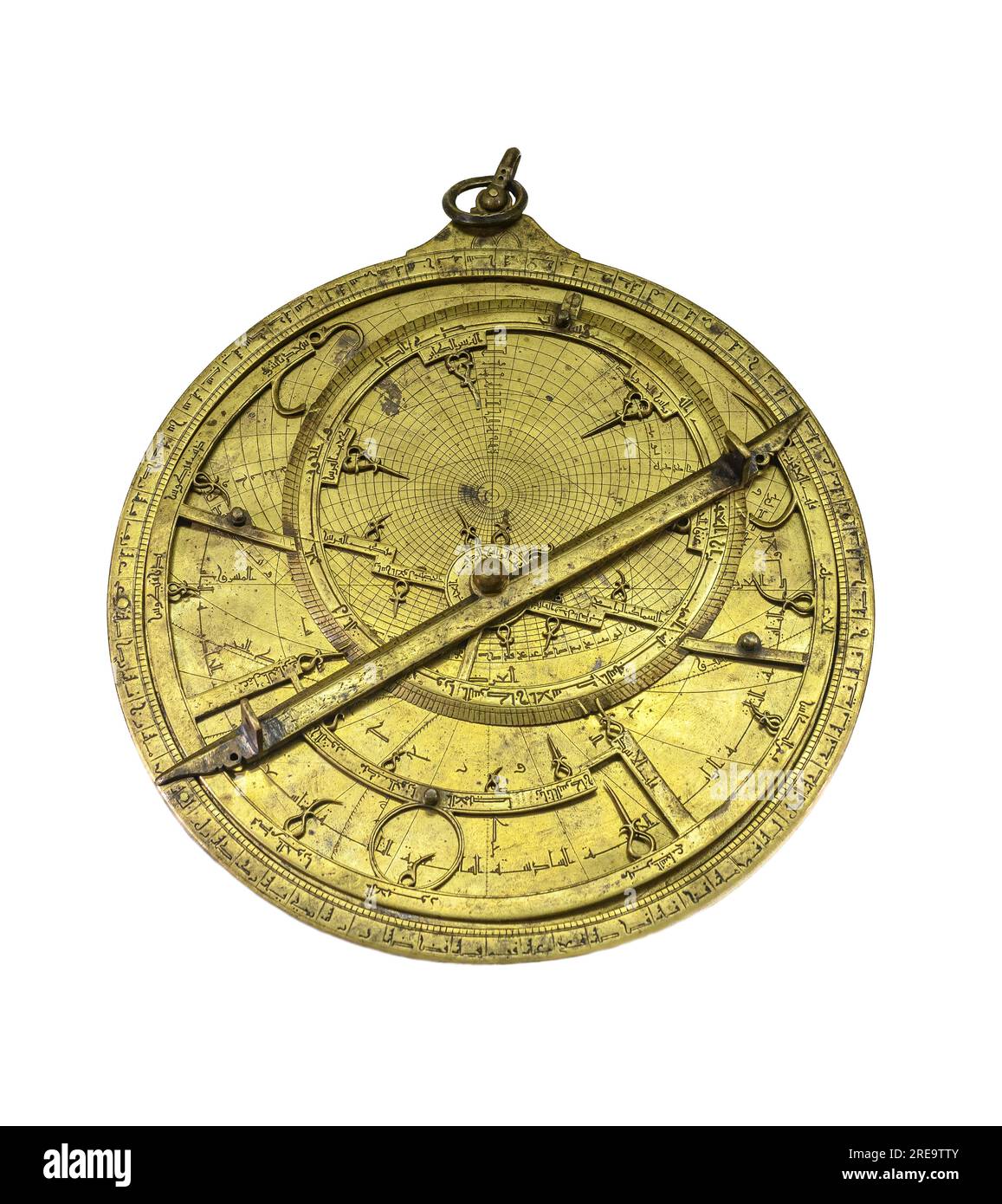 A 13th cen. Planispheric Astrolabe. inscribed with the date 1217. and made by Muhammad b. Omar b. Jaafar ai-Karmani,  year 714 after Hira. Made of Bra Stock Photo