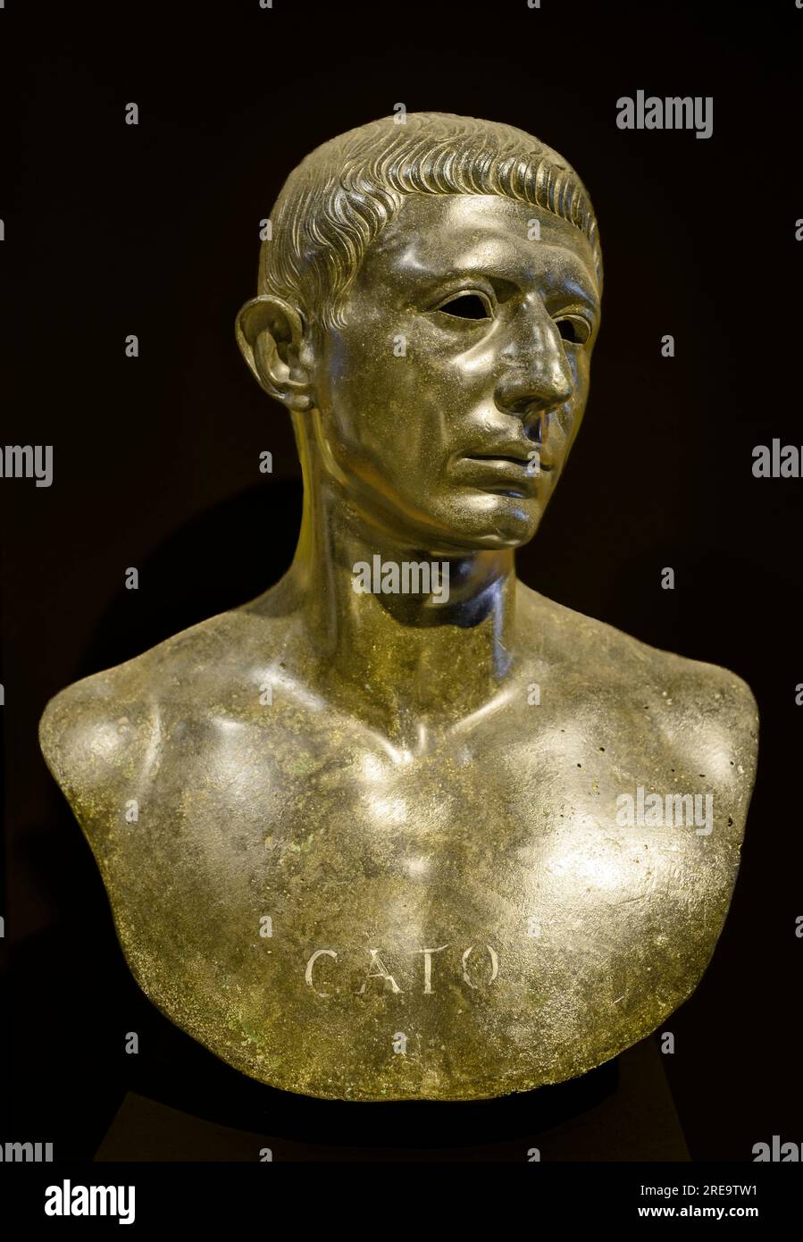 Bronze portrait bust of Cato probably Cato Uticensis - Cato the Younger, Late rebublic Roman Senator,  frorm Volubilis in Marocco. 1st century AD.  Mu Stock Photo