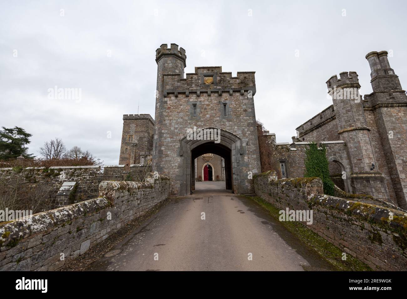 Kenton.Devon.United Kingdom.February 17th 2023.Photo of the gatehouse and west front of