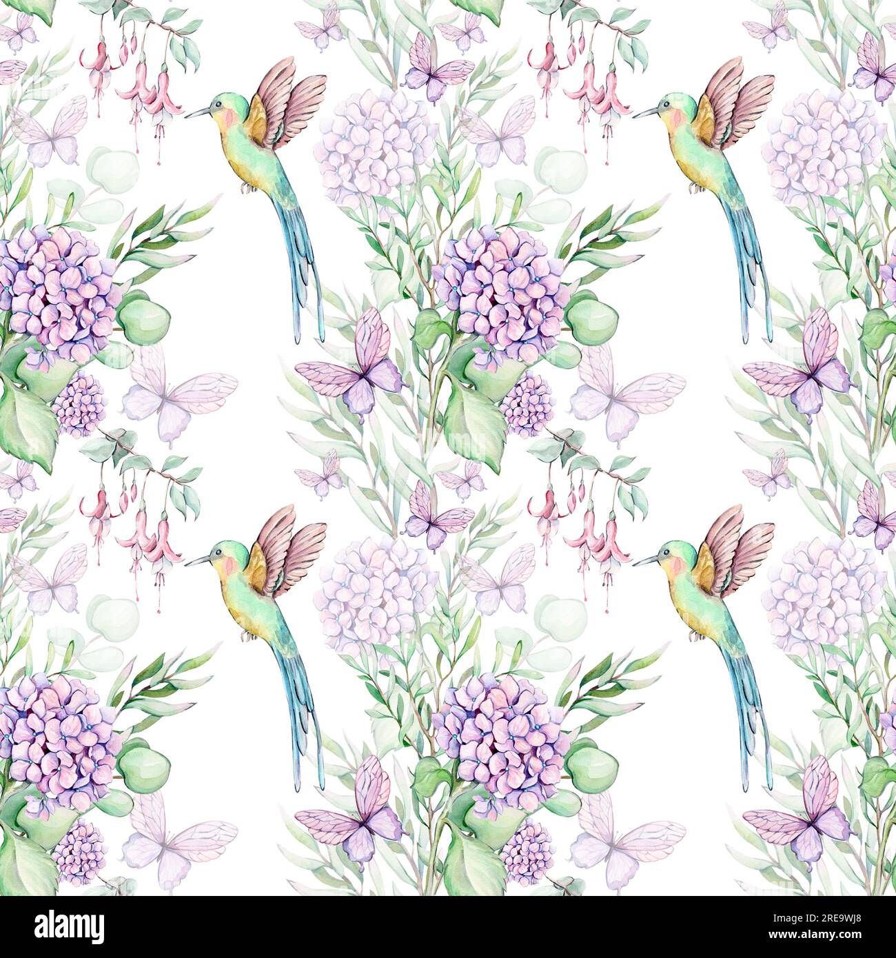 Watercolor seamless pattern with hydrangea and hummingbird. Hand drawn ...
