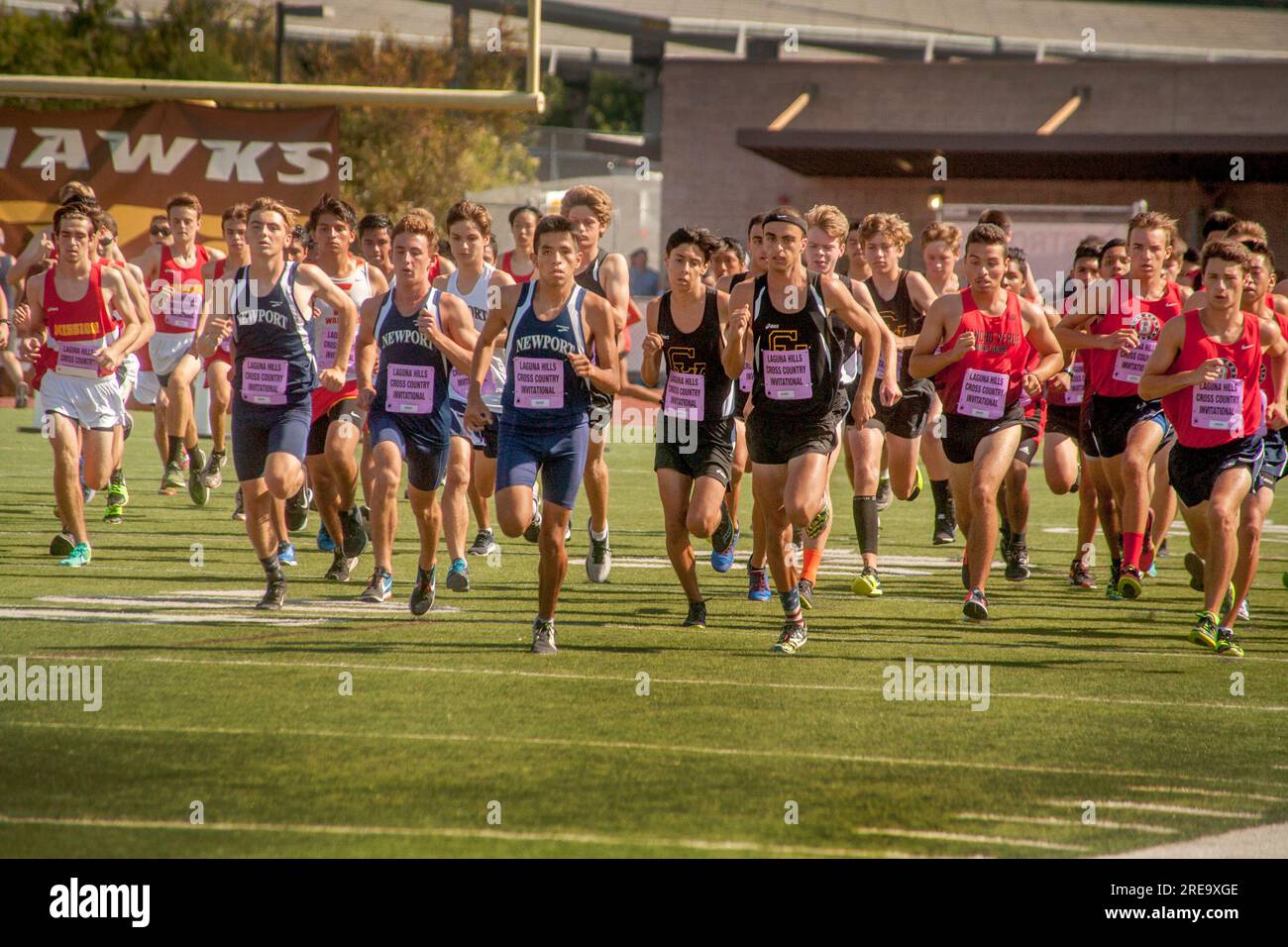 Laguna Hills, California, USA. 9th Sep, 2017. Multiracial teenage boys start a cross country foot race at a high school track meet in Laguna Hills, CA. Note identification numbers. (Credit Image: © Spencer Grant/ZUMA Press Wire) EDITORIAL USAGE ONLY! Not for Commercial USAGE! Stock Photo