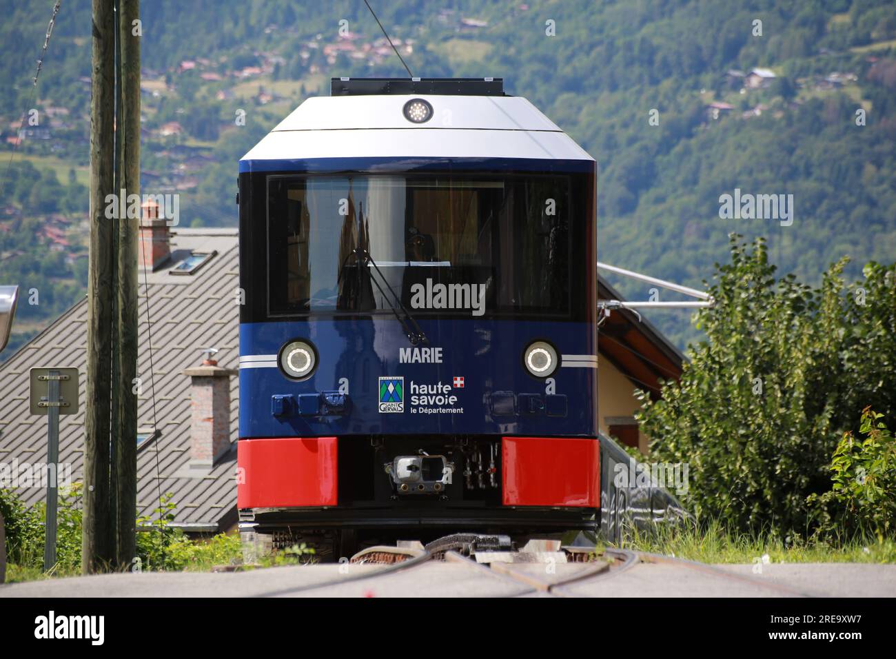 Marie. Nouvelle motrice du Tramway du Mont-Blanc. Saint-Gervais-les-Bains. Haute-Savoie. Auvergne-Rhône-Alpes. France. Europe. Stock Photo