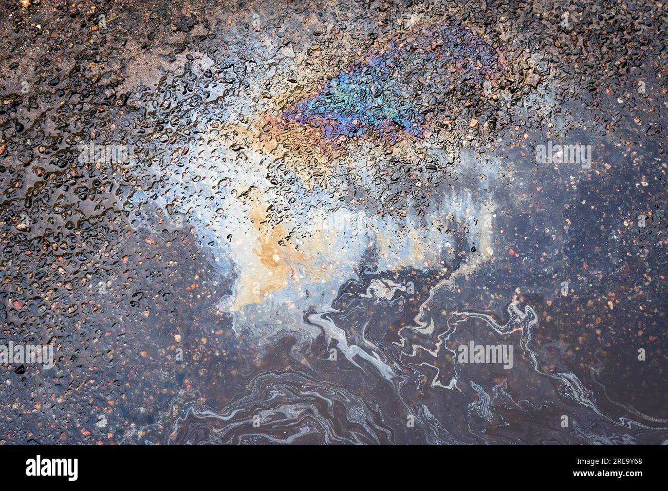 Spilled oil in a puddle on the road. Oil stains on wet pavement Stock ...