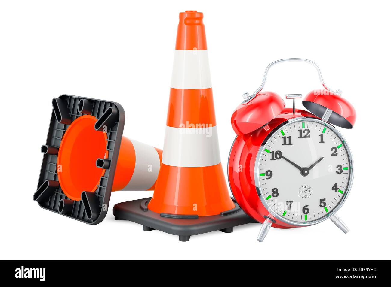 Traffic Cones with alarm clock, 3D rendering isolated on white ...
