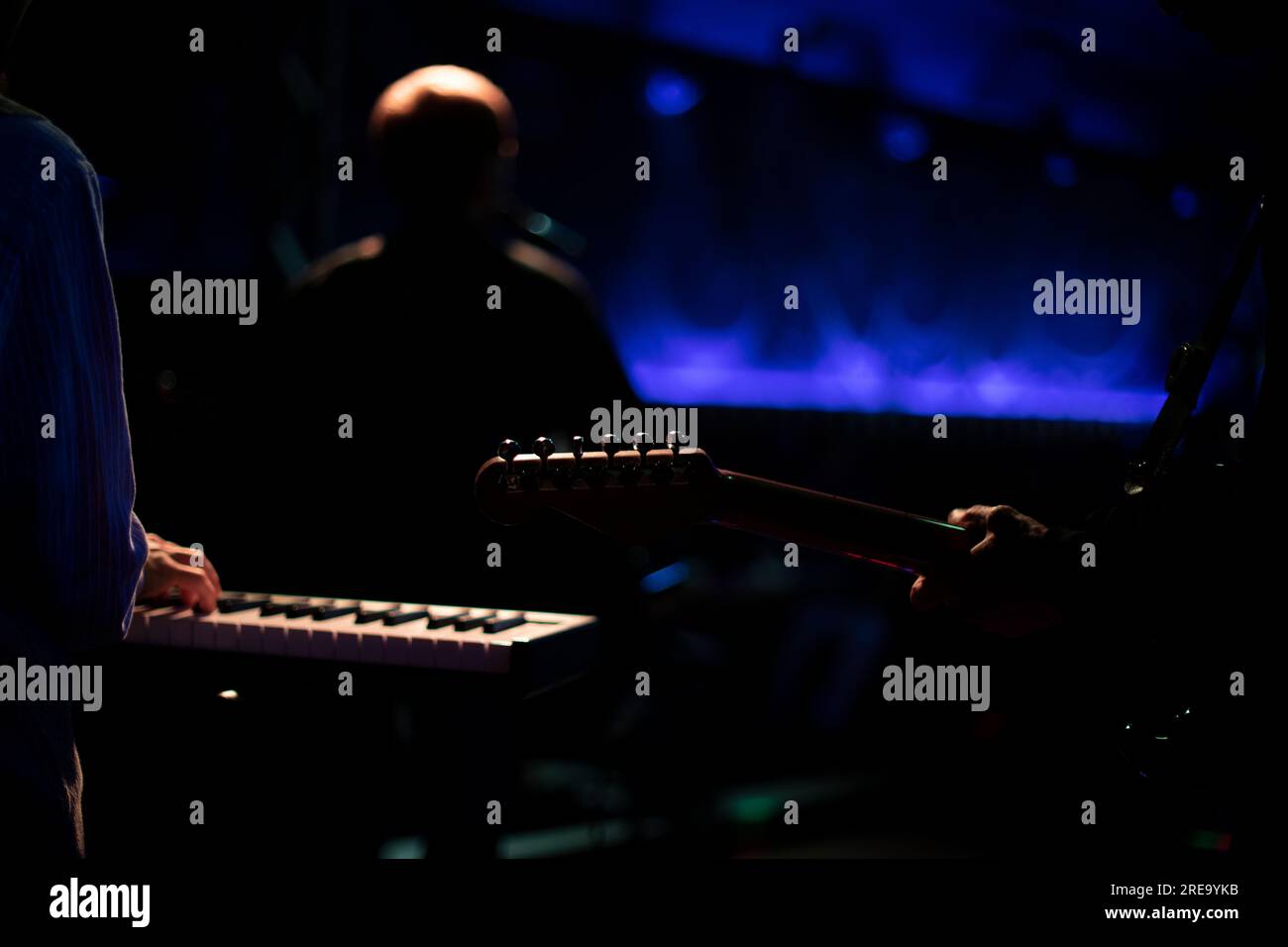 Musicians on stage. Playing musical instruments. Rock band performance ...