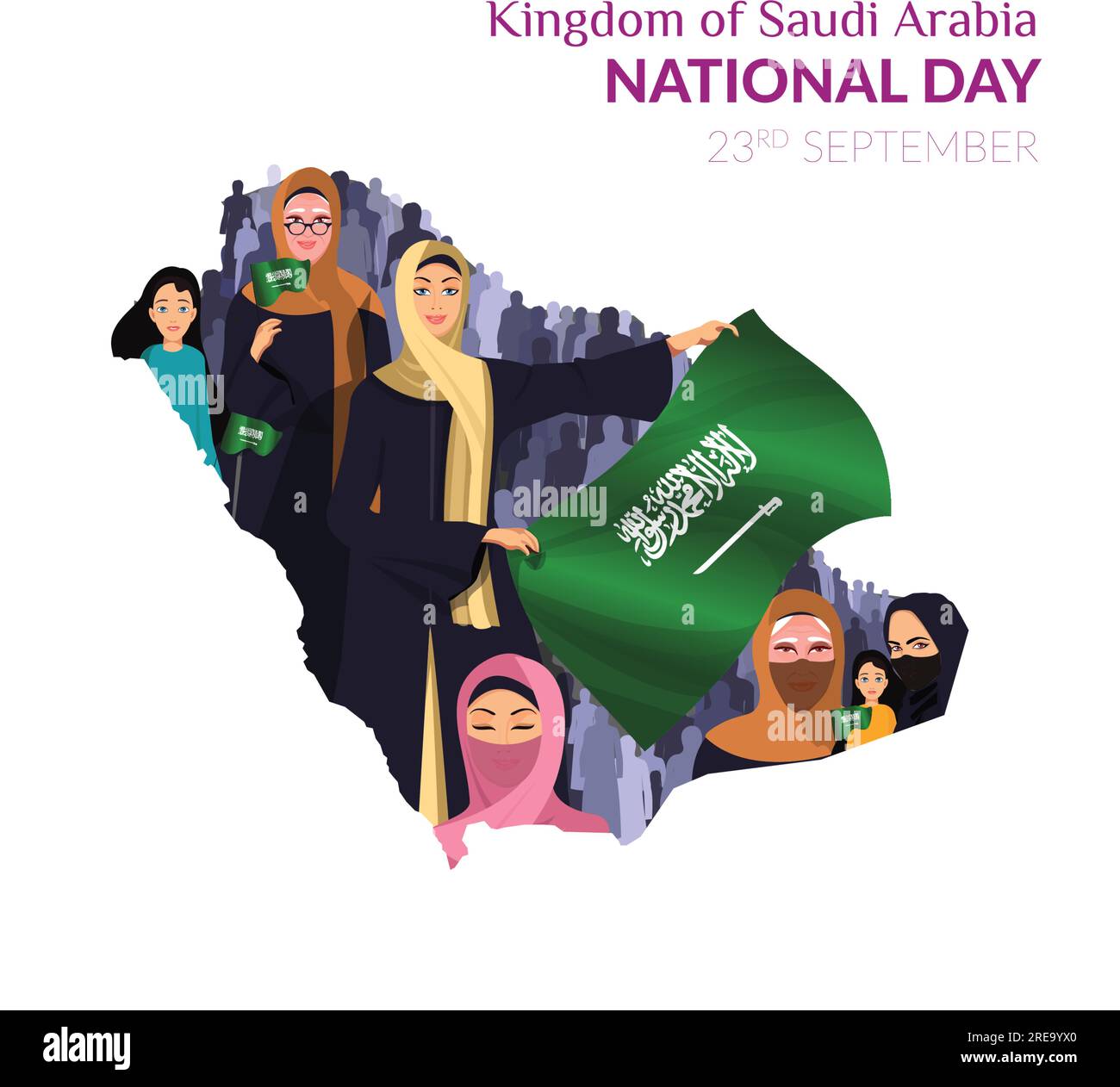 Saudi National Day,  Arab women were holding a Saudi flag. A young Arab girl waves the Saudi flag on Saudi National Day. Stock Vector