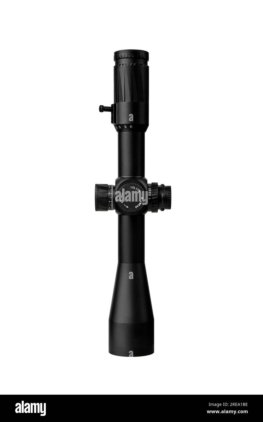 Modern sniper scope on a white background. Optical device for aiming and shooting at long