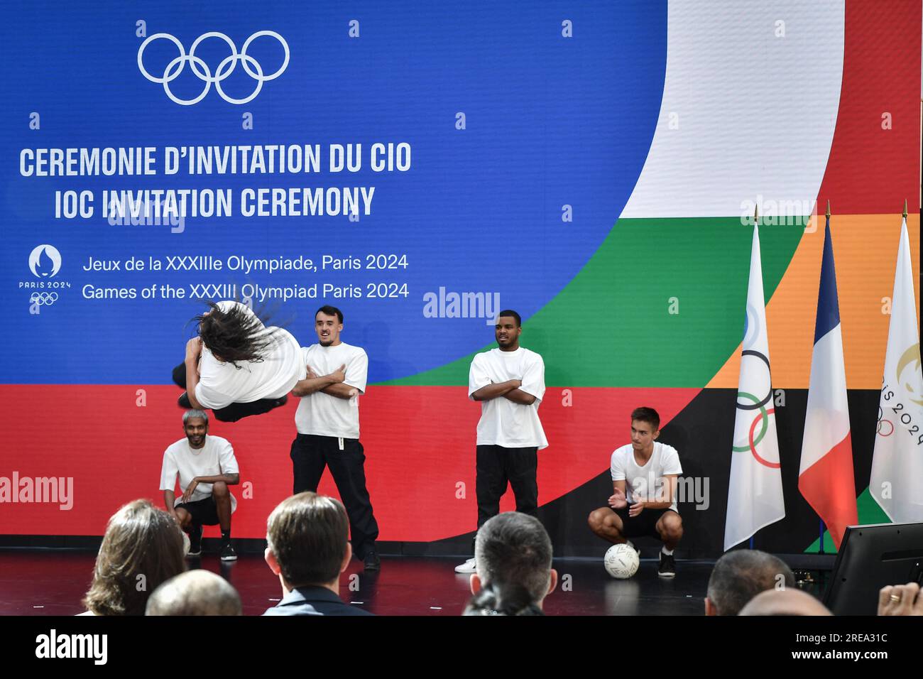 Paris, France. 26th July, 2023. A breakdance crew performs during the