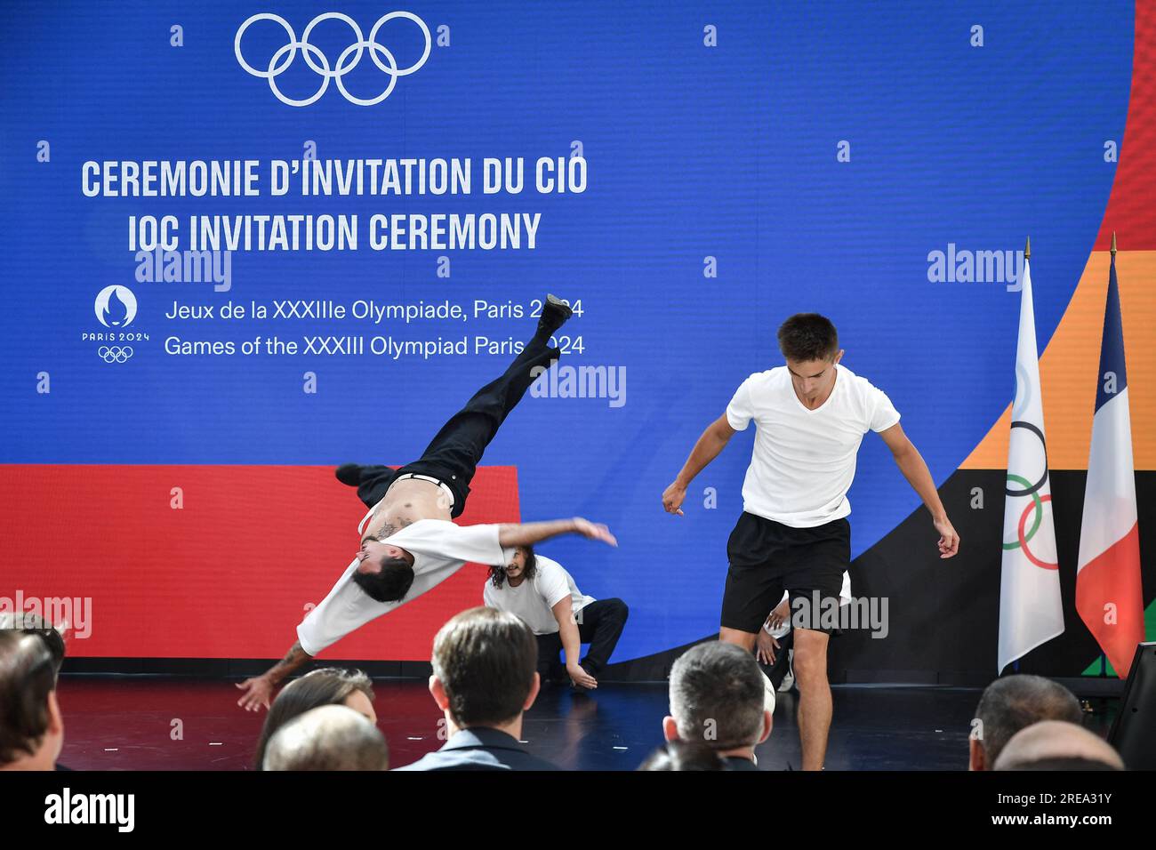 Paris, France. 26th July, 2023. A breakdance crew performs during the