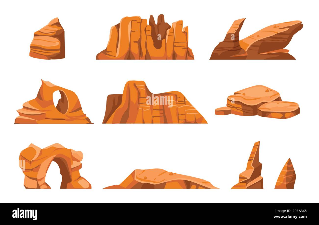 Desert rocks. Cartoon sand stones, exotic landscape elements Stock Vector