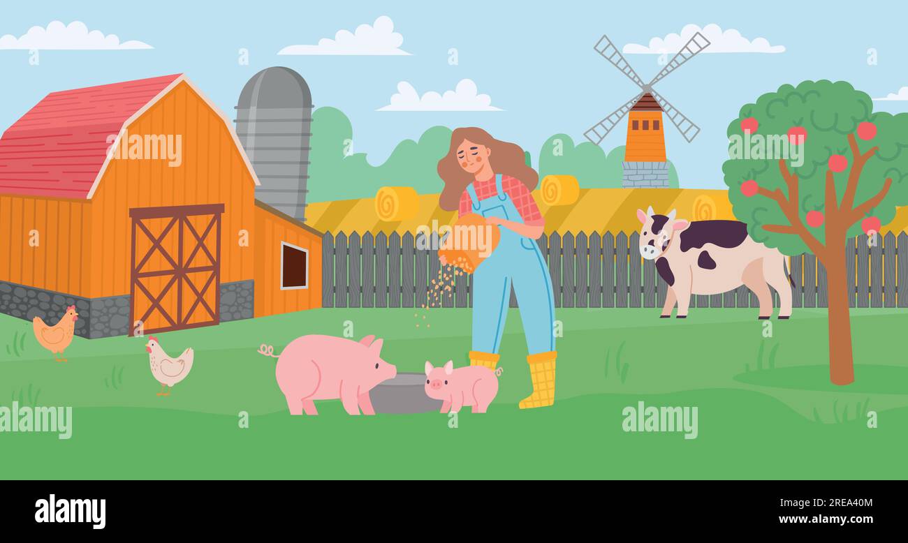 Farm life. Young female woman feeding pig, meadow with cow and poultry. Animal husbandry and breeding Stock Vector
