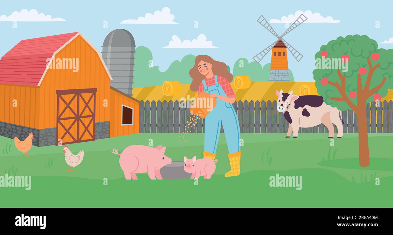 Farm life. Young female woman feeding pig, meadow with cow and poultry