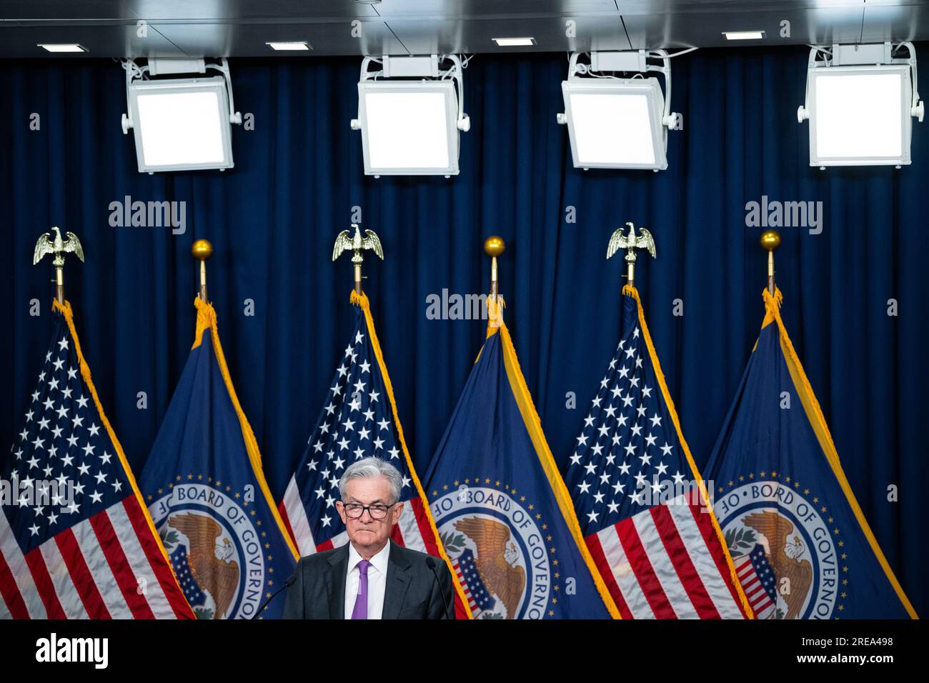 Washington, USA. 26th July, 2023. U.S. Federal Reserve Chair Jerome Powell  speaks to media during a press conference after a Federal Open Market  Committee (FOMC) meeting, in Washington, DC, on Wednesday, July