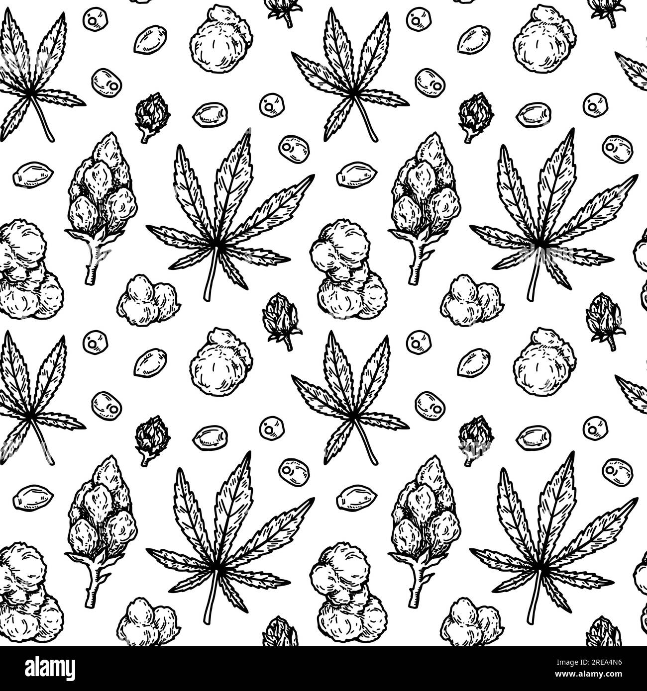 Marijuana leaves and buds seamless pattern. Cannabis hand drawn vintage background. Vector illustration in sketch style. Weed engraving design Stock Vector
