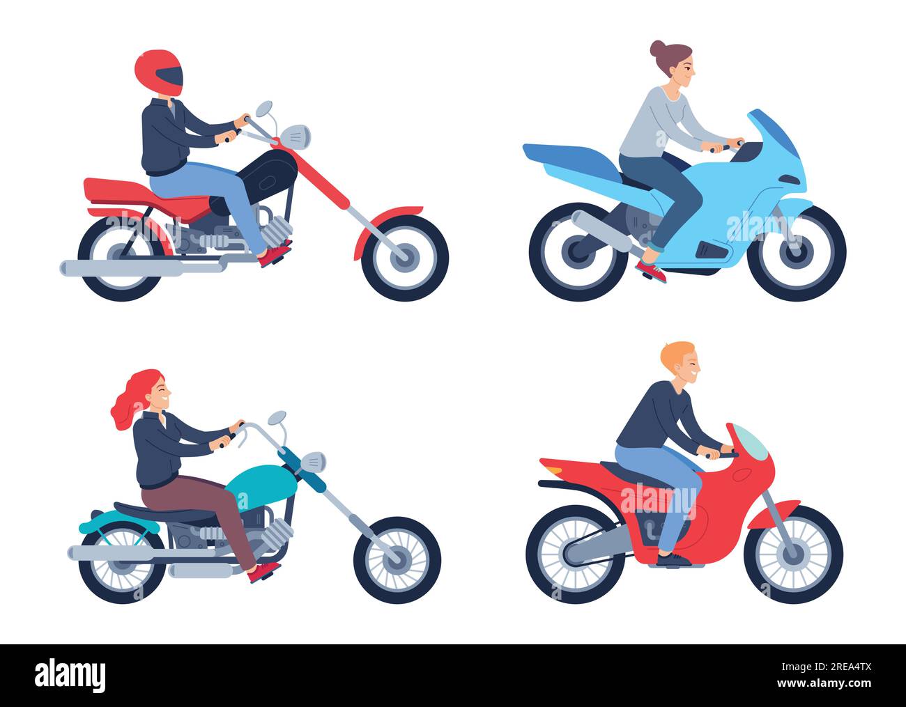Motorcycle riders. People in helmet on scooter and motorcycle. Female