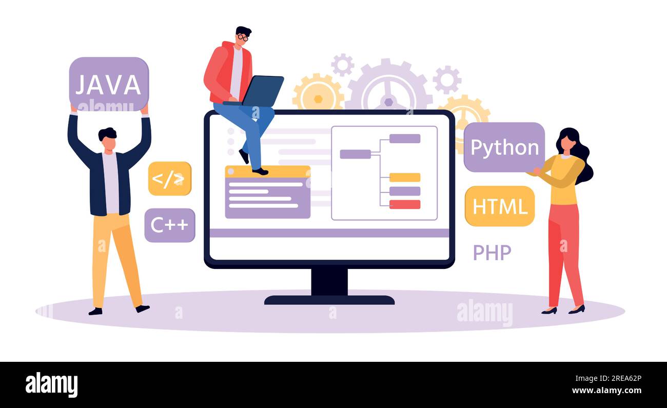 Programmer and designer developing website. Software developer writing python, java, html code. Man working on laptop Stock Vector