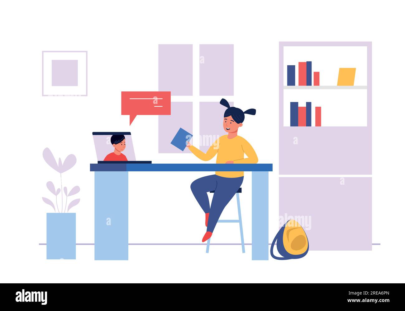 Remote lessons. Vector online education concept with students. Cartoon girl sitting at desk with laptop at home room Stock Vector